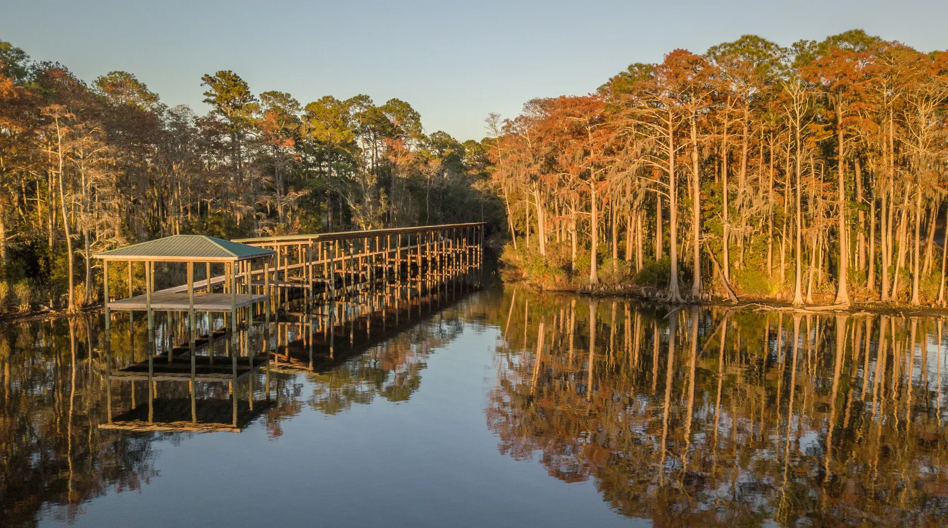 Heron Landing private boathouse at sunset