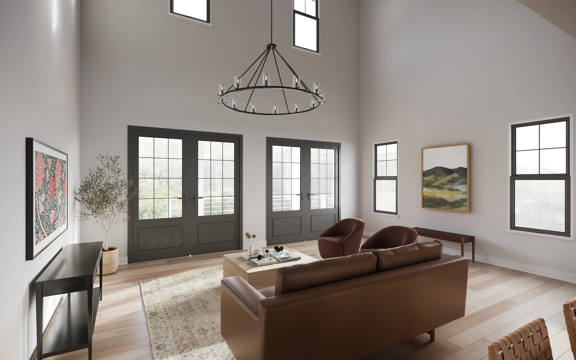 Double-height living room with large windows