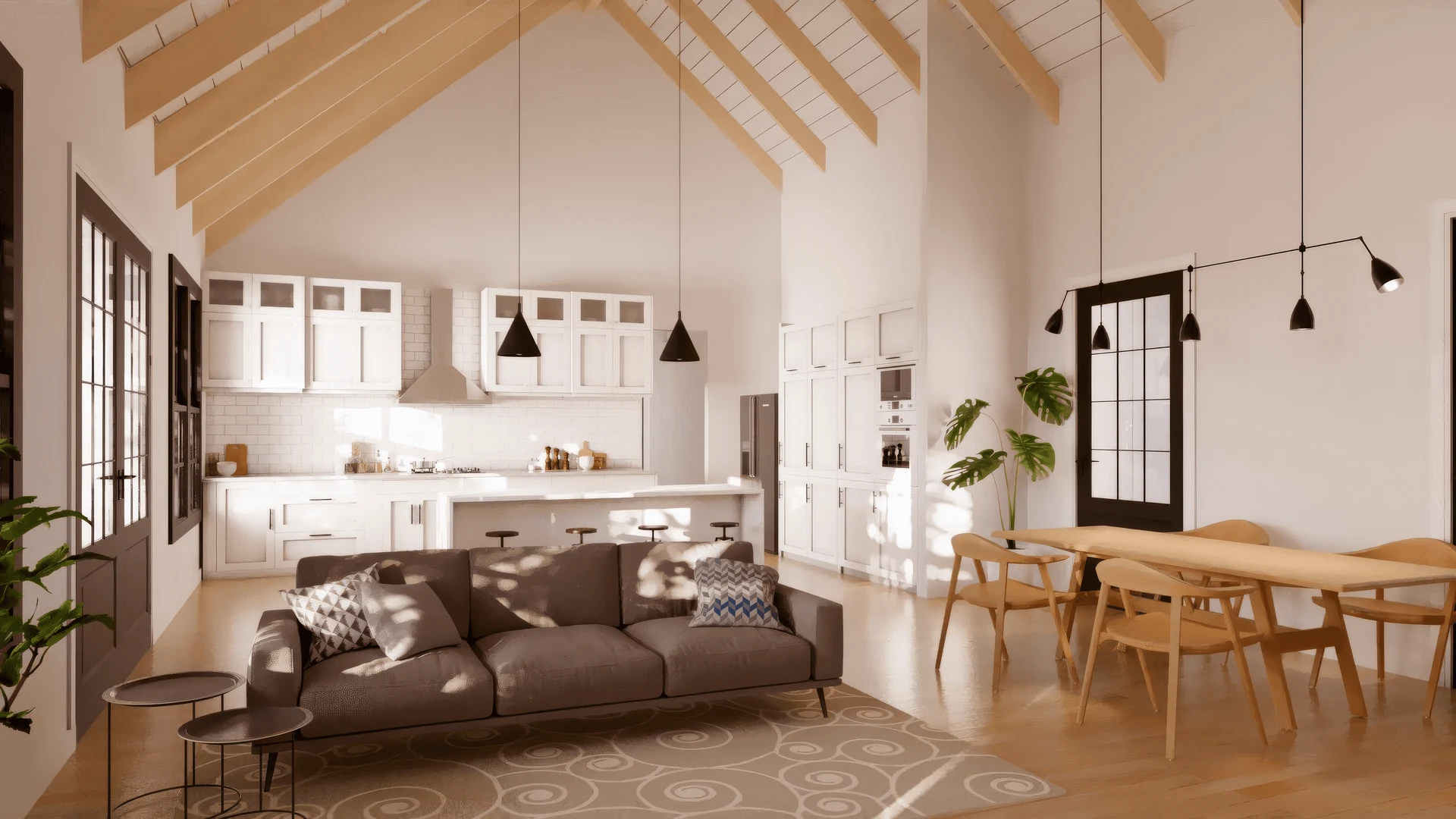 Open kitchen and dining beneath vaulted ceiling