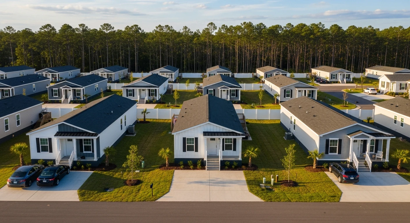 Aerial rendering of a modern coastal manufactured-housing community